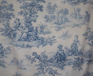 Tissu ancien, impressions toile Jouy, scènes romantiques, coloris bleu