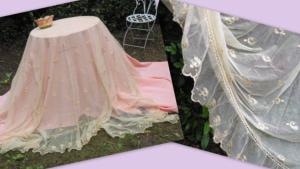 Tulle ancien rebrodé, nappe, rideau, déco shabby, romantique