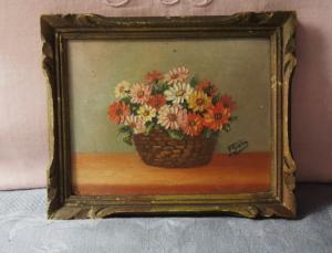 Charmante petite peinture ancienne , naïve, de fleurs